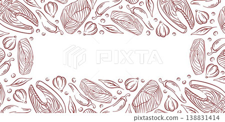 Seafood frame illustration with salmon steak, chili pepper, garlic and herbs in line art style. Culinary background for wallpaper seafood store and menu design. Seafood frame illustration with salmon steak, chili pepper, garlic and herbs in line art style. Culinary background for wallpaper seafood store and menu design. 138831414
