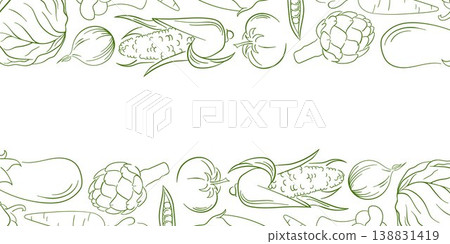 Vegetable border with corn, artichoke, eggplant, tomato, onion, carrot and cabbage in line art style. Illustration isolated on white background for card, package, grocery and healthy store design. 138831419