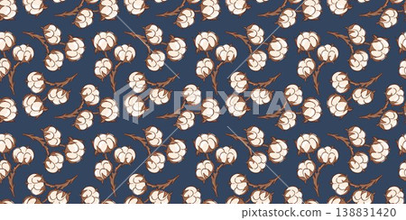 Floral seamless pattern with natural flat style cotton plant branches and flower on dark blue background. Abstract textile print. Vector illustration. 138831420