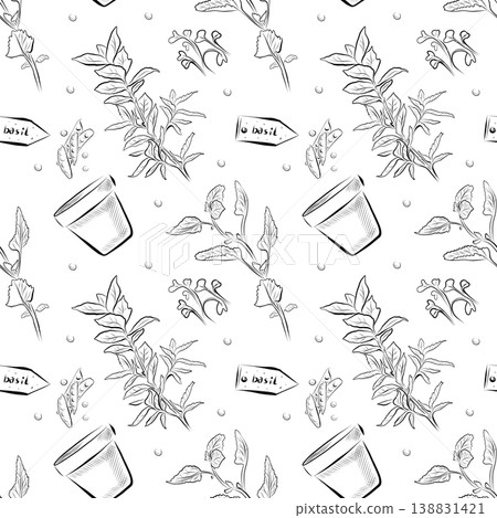 A seamless pattern of line drawings a pot with sprouts, a sign with the inscription BASIL, and plants A seamless pattern of line drawings a pot with sprouts, a sign with the inscription BASIL, and plants 138831421