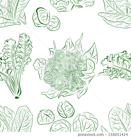 Seamless pattern of line drawings featuring cauliflower, broccoli, and lettuce leaves Seamless pattern of line drawings featuring cauliflower, broccoli, and lettuce leaves 138831424
