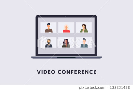 Teleconference web video conference. Call during coronavirus COVID-19 pandemic. Outbreak display on screen. Teleconference web video conference. Call during coronavirus COVID-19 pandemic. Outbreak display on screen. 138831428