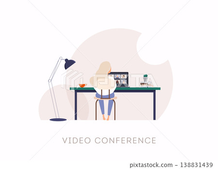 Woman talking to her colleagues in Teleconference. Outbreak display on screen. Woman talking to her colleagues in Teleconference. Outbreak display on screen. 138831439