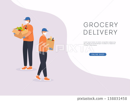 Grocery delivery banner. Safe contactless delivery to home to prevent the spread of the corona virus. Grocery delivery banner. Safe contactless delivery to home to prevent the spread of the corona virus. 138831458
