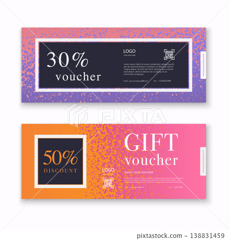 Voucher template with colorful gift box, certificate. Background design coupon, invitation, currency. Vector illustration. Voucher template with colorful gift box, certificate. Background design coupon, invitation, currency. Vector illustration. 138831459