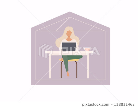 Stay home concept. Woman working on a computer. Freelance or studying. Stay home concept. Woman working on a computer. Freelance or studying. 138831462