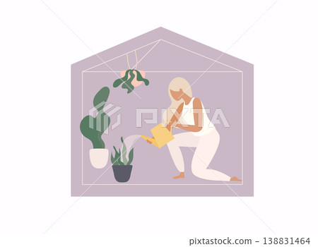 Stay home concept. Girl takes care for houseplants/watering a plant. Vector cartoon illustration. Stay home concept. Girl takes care for houseplants/watering a plant. Vector cartoon illustration. 138831464