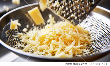 Close-up of grating hard cheese for cooking preparation Close-up of grating hard cheese for cooking preparation 138831511
