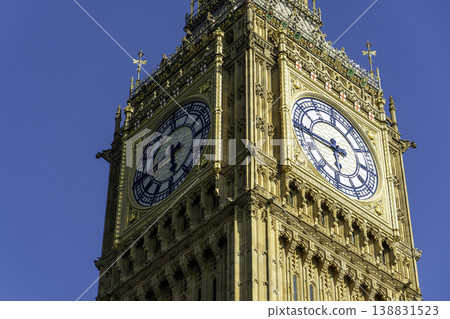 Close-Up of Big Ben in London on a Bright Sunny Day with Clear Blue Sky Close-Up of Big Ben in London on a Bright Sunny Day with Clear Blue Sky 138831523