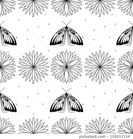 Seamless pattern. Outline images of butterflies and flowers. Minimalistic Seamless pattern. Outline images of butterflies and flowers. Minimalistic 138831534