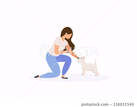 Woman adopting pet from animal shelter. Colorful vector illustration in flat style. Woman adopting pet from animal shelter. Colorful vector illustration in flat style. 138831549