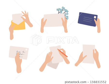Hands holding envelope and paper sheet. Correspondence through postal service. 138831552