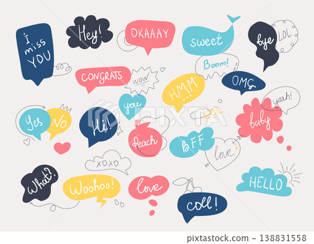 Colorful questions speech bubbles set in flat design with short messages. Colorful questions speech bubbles set in flat design with short messages. 138831558