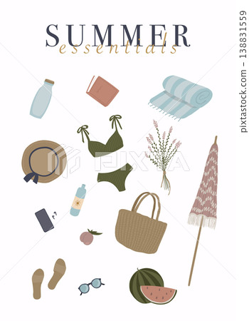 Summer essentials set for beach. Vector illustration. Summer essentials set for beach. Vector illustration. 138831559
