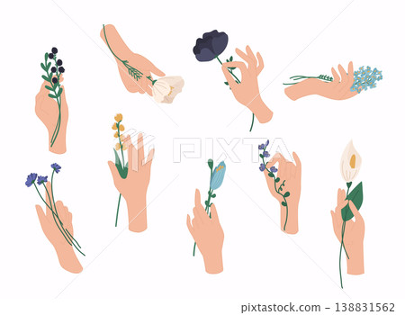 Hands holding bouquets or bunches of blooming flowers. Vector set of floral elements with hand drawn flowers. Hands holding bouquets or bunches of blooming flowers. Vector set of floral elements with hand drawn flowers. 138831562
