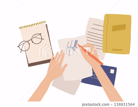 Hands holding paper sheet with handwritten text. Colorful vector illustration in flat style. Hands holding paper sheet with handwritten text. Colorful vector illustration in flat style. 138831564