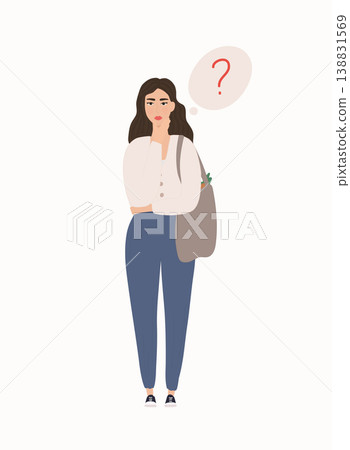 Woman is thinking about something. Cartoon character.Question bubble thinking. Woman is thinking about something. Cartoon character.Question bubble thinking. 138831569