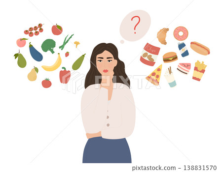 Woman choosing between healthy and unhealthy food. Organic products and fast food. Diet decision concept and nutrition. Woman choosing between healthy and unhealthy food. Organic products and fast food. Diet decision concept and nutrition. 138831570