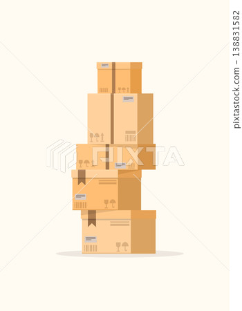 Carton delivery packaging with fragile signs. Cardboard box mockup set. Carton delivery packaging with fragile signs. Cardboard box mockup set. 138831582