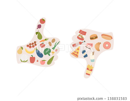 Healthy fresh vegetables and unhealthy junk food comparison with thumbs up and down. Healthy fresh vegetables and unhealthy junk food comparison with thumbs up and down. 138831583