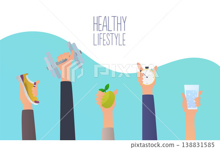 Concept of healthy lifestyle infographics. Young man lead a healthy lifestyle. Icons for web: fitness, healthy food and metrics. Flat design vector illustration. Concept of healthy lifestyle infographics. Young man lead a healthy lifestyle. Icons for web: fitness, healthy food and metrics. Flat design vector illustration. 138831585