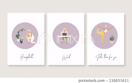 Stay home concept. Girl takes care for houseplants/work/doing yoga activity. Self isolation, quarantine due to coronavirus. Vector flat illustration. 138831611