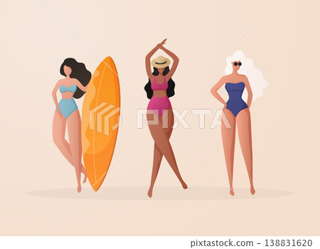 Women in bikini on a beach. Funny cartoon characters. Beach summer travel lifestyle poster in retro style. 138831620
