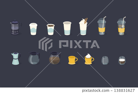 Different types of coffee in paper and glass cup. Vector illustration. Different types of coffee in paper and glass cup. Vector illustration. 138831627