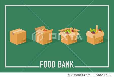 Food Bank simple concept illustration. Time to donate. Food donation. Boxes full of food. Vector concept illustrations. Food Bank simple concept illustration. Time to donate. Food donation. Boxes full of food. Vector concept illustrations. 138831629