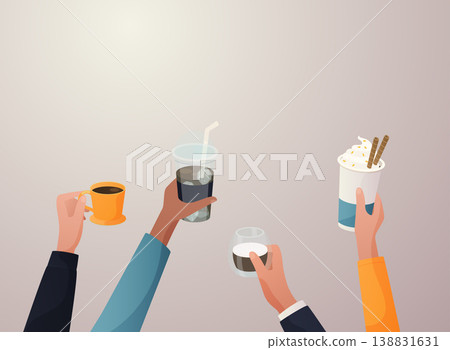Hands with coffee cups vector illustration. Friendship, sisterhood, caffeine concept. Isolated on white. 138831631