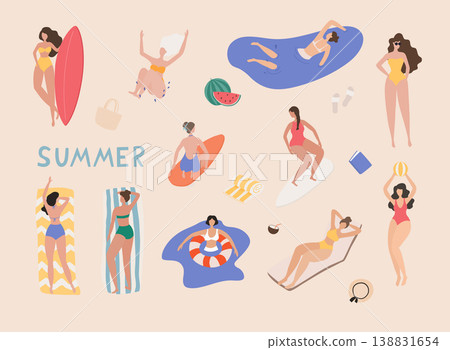 Summer beach cartoon people. Woman performing summer outdoor activities at beach. Summer beach cartoon people. Woman performing summer outdoor activities at beach. 138831654