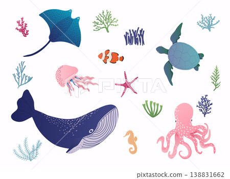 Set with hand drawn sea life elements. Vector illustration. 138831662