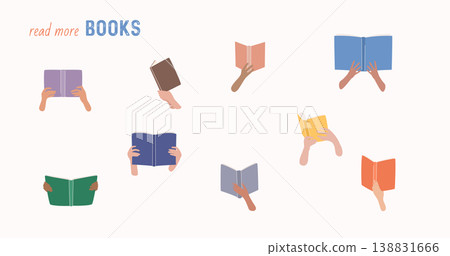 Read more books concept. Books and reading set. Flat cartoon colorful vector illustration. Read more books concept. Books and reading set. Flat cartoon colorful vector illustration. 138831666