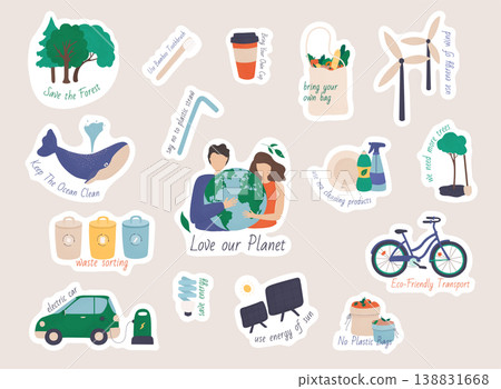 Collection of ecology stickers with slogans.  Collection of zero waste reusable items or products - glass jars, eco grocery bags, thermo mug, food container, soap and shampoo bars. 138831668