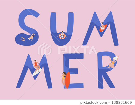 Summer vector illustration with women swimming, diving, surfing. Flat cartoon vector illustration. 138831669