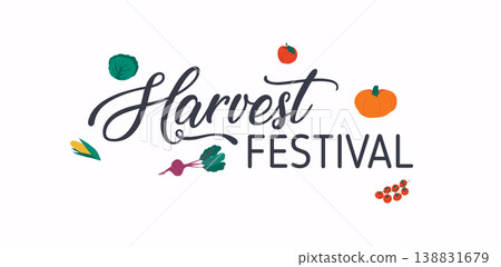 Hand sketched autumn lettering Harvest Festival with autumn harvest symbols. Harvest fest poster design. 138831679