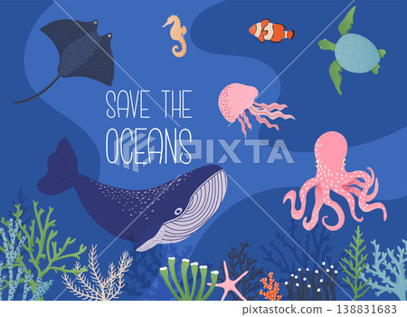 Save the ocean concept. Underwater animals: whale, jellyfishes, whales, octopus, starfishes and turtles. Save the ocean concept. Underwater animals: whale, jellyfishes, whales, octopus, starfishes and turtles. 138831683