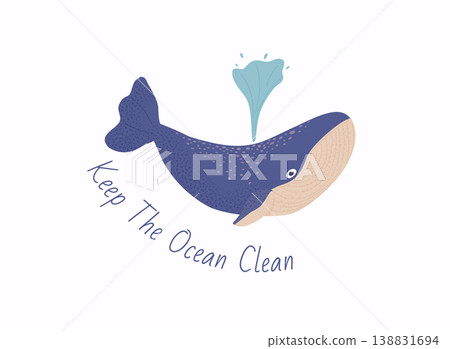 Keep the ocean clean concept. Cute wild mammal character of great whale in ocean. Keep the ocean clean concept. Cute wild mammal character of great whale in ocean. 138831694