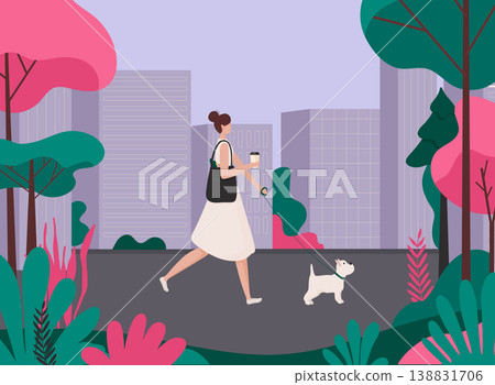 Woman walking a dog. Healthy active lifestyle colorful characters vector. 138831706