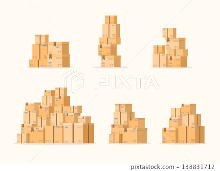 Set of pile of stacked sealed goods cardboard boxes. Carton delivery packaging. 138831712