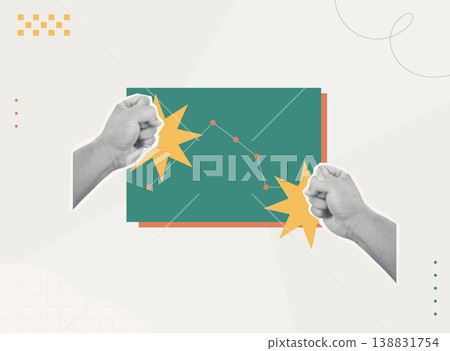 Trendy halftone collage of two person fists punching line graph on teal board, flat design failed performance, declining data, and business failure concept illustration Trendy halftone collage of two person fists punching line graph on teal board, flat design failed performance, declining data, and business failure concept illustration 138831754