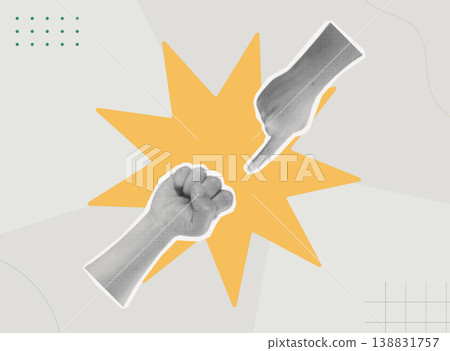 Trendy halftone collage of two person fists clashing on large yellow star burst on light background with dots and grid, flat design concept for workplace conflict, argument, dispute, and confrontation Trendy halftone collage of two person fists clashing on large yellow star burst on light background with dots and grid, flat design concept for workplace conflict, argument, dispute, and confrontation 138831757