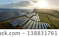 Solar energy panels photovoltaic cell and wind power plants on the seashore landscape for production of renewable green energy 138831761