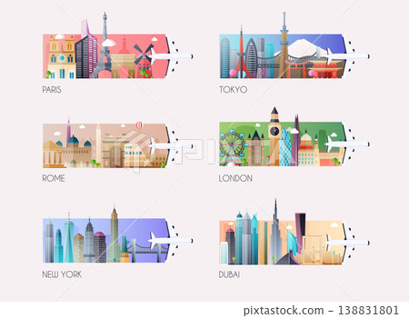 Landscape template. Vector global travel destinations icon set. 138831801