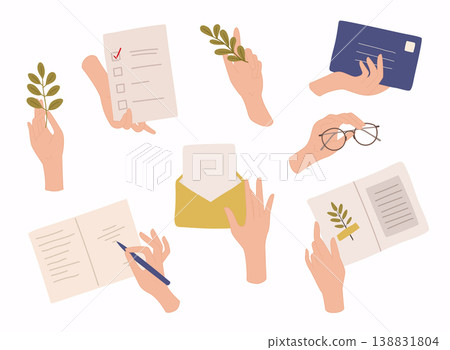 Hands holding envelope and paper sheet. Correspondence through postal service. 138831804