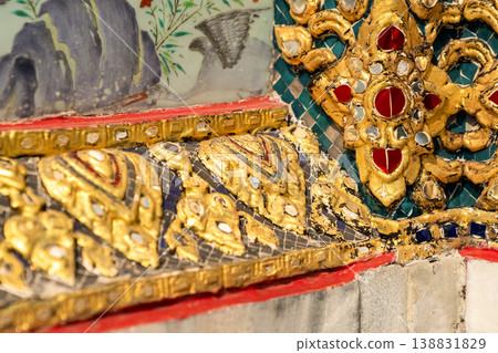 Sunlight catches mirror glass, painted surfaces, and gold edges across the temple exterior. Each close crop emphasizes texture, shine, and depth. Sunlight catches mirror glass, painted surfaces, and gold edges across the temple exterior. Each close crop emphasizes texture, shine, and depth. 138831829