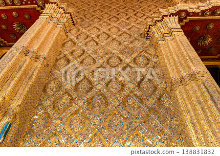 Sunlight catches mirror glass, painted surfaces, and gold edges across the temple exterior. Each close crop emphasizes texture, shine, and depth. Sunlight catches mirror glass, painted surfaces, and gold edges across the temple exterior. Each close crop emphasizes texture, shine, and depth. 138831832