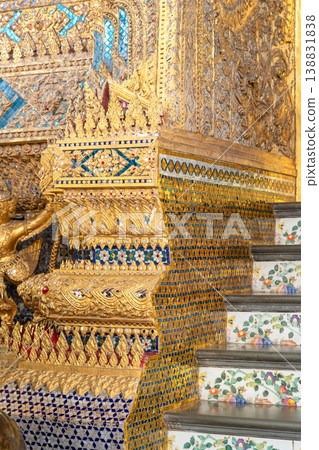 Sunlight catches mirror glass, painted surfaces, and gold edges across the temple exterior. Each close crop emphasizes texture, shine, and depth. Sunlight catches mirror glass, painted surfaces, and gold edges across the temple exterior. Each close crop emphasizes texture, shine, and depth. 138831838