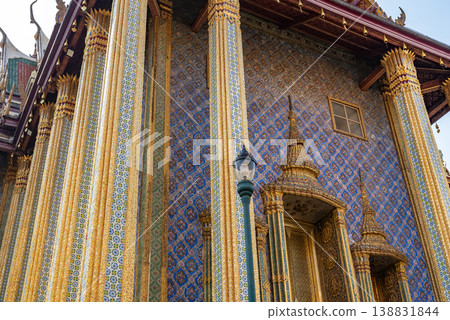 Sunlight catches mirror glass, painted surfaces, and gold edges across the temple exterior. Each close crop emphasizes texture, shine, and depth. Sunlight catches mirror glass, painted surfaces, and gold edges across the temple exterior. Each close crop emphasizes texture, shine, and depth. 138831844