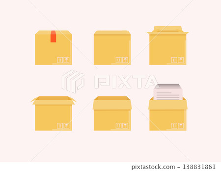 Carton delivery packaging open and closed box with fragile signs. Cardboard box mockup set. Carton delivery packaging open and closed box with fragile signs. Cardboard box mockup set. 138831861